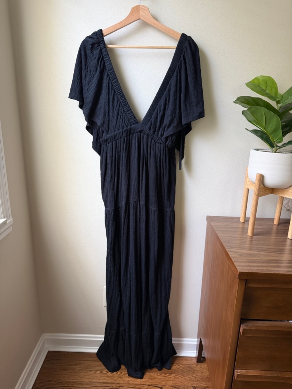 Free People Black Deep V Maxi Dress with Draped Short Sleeves